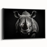 Framed wall art showcasing a black side view of a rhinoceros in a minimalist design, ideal for wildlife enthusiasts and modern decor, enhancing any interior space.