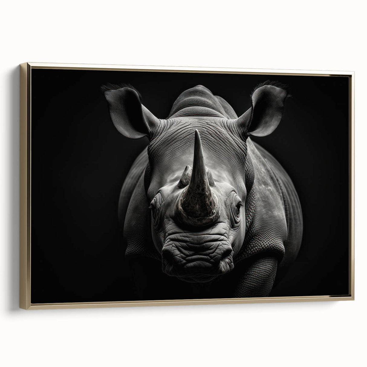 Golden-framed canvas wall art showcasing a side view of a rhinoceros, highlighting its textured detail and wildlife theme, perfect for nature enthusiasts.