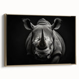 Golden-framed canvas wall art showcasing a side view of a rhinoceros, highlighting its textured detail and wildlife theme, perfect for nature enthusiasts.