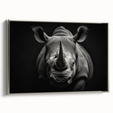 Framed canvas wall art showcasing a silver side view of a rhinoceros, emphasizing its details and textures, perfect for wildlife enthusiasts and modern decor.