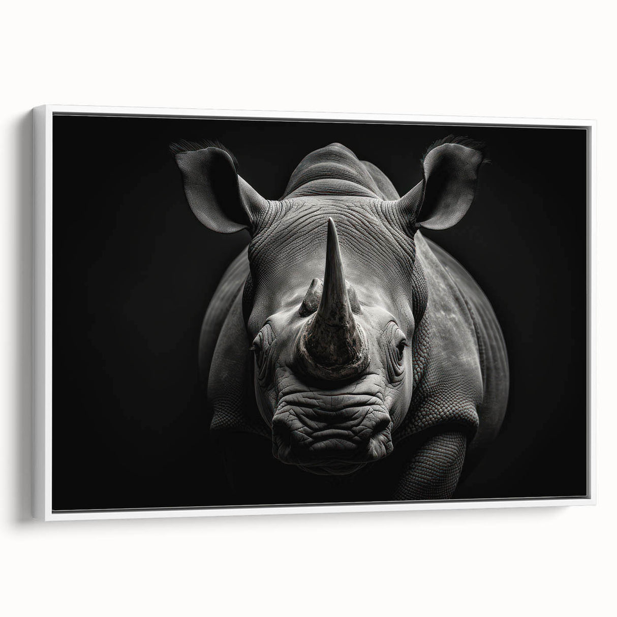 Framed wall art showcasing a side view of a rhinoceros in a minimalist white design, perfect for modern decor and wildlife enthusiasts, adding a touch of nature to any space.
