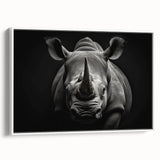 Framed wall art showcasing a side view of a rhinoceros in a minimalist white design, perfect for modern decor and wildlife enthusiasts, adding a touch of nature to any space.