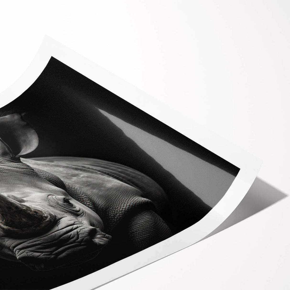 Rolled print showcasing a detailed illustration of a rhinoceros in a wild landscape, featuring earthy colors and intricate textures, ideal for wildlife art enthusiasts.