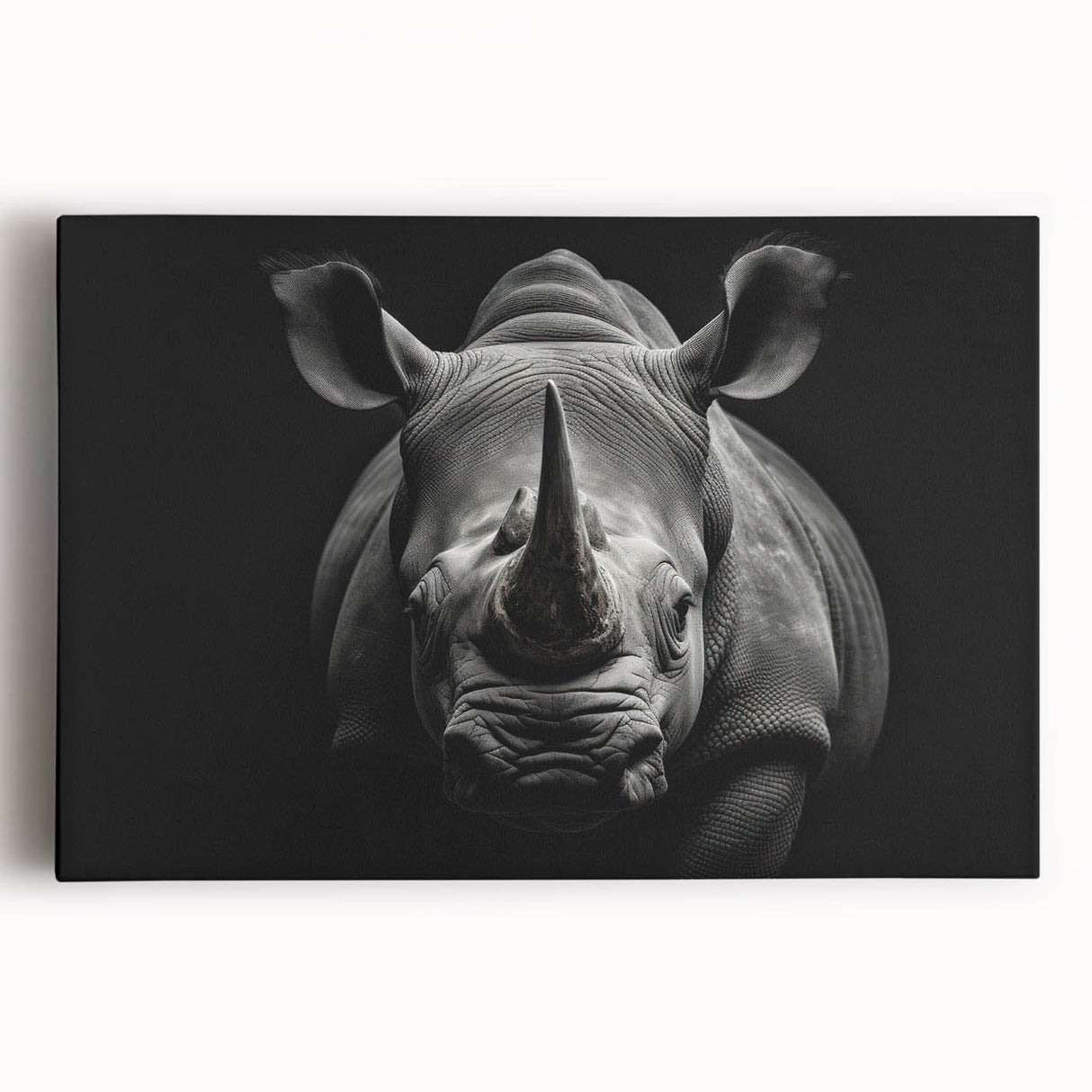 Front view of a striking stretched canvas wall art featuring a detailed rhinoceros design, showcasing rich colors and textures ideal for home decor. Perfect for wildlife enthusiasts and art collectors.