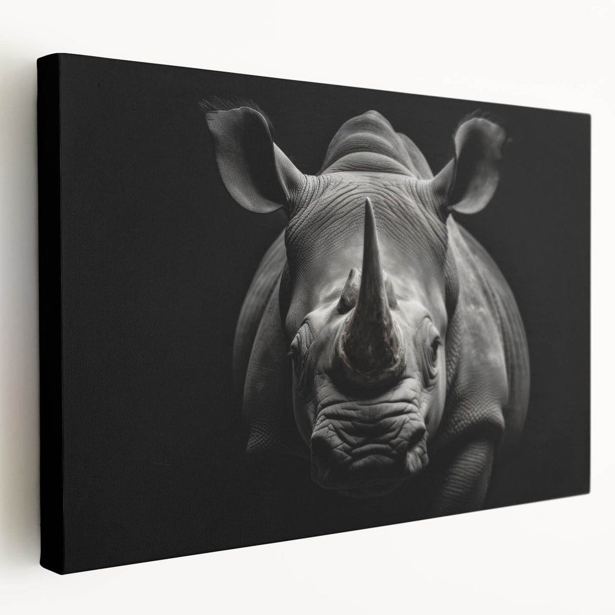 Stretched canvas wall art showcasing a side view of a majestic rhinoceros in a natural habitat, featuring earthy tones and intricate textures, perfect for wildlife enthusiasts.