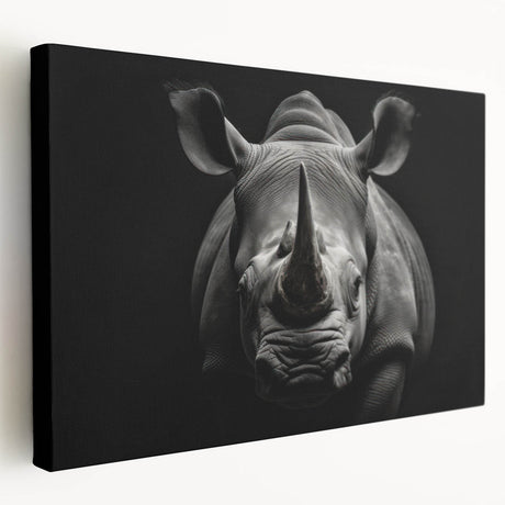 Stretched canvas wall art showcasing a side view of a majestic rhinoceros in a natural habitat, featuring earthy tones and intricate textures, perfect for wildlife enthusiasts.
