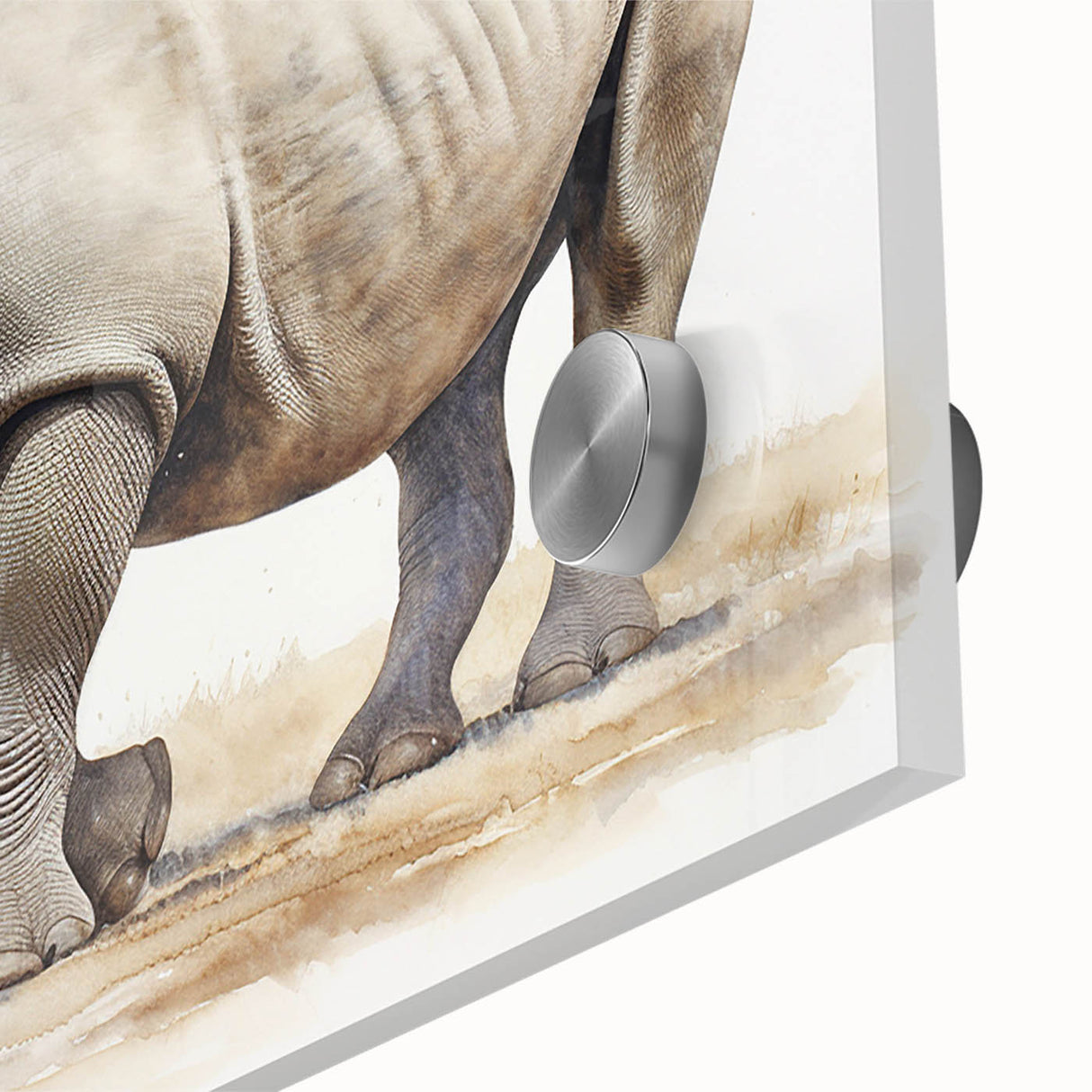 Close-up view of a striking rhinoceros design on acrylic glass wall art, showcasing intricate details and vibrant colors, perfect for wildlife enthusiasts and modern decor.