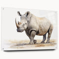 Acrylic glass wall art featuring a side view of a rhinoceros, showcasing intricate details and vibrant colors, ideal for wildlife enthusiasts and modern decor.