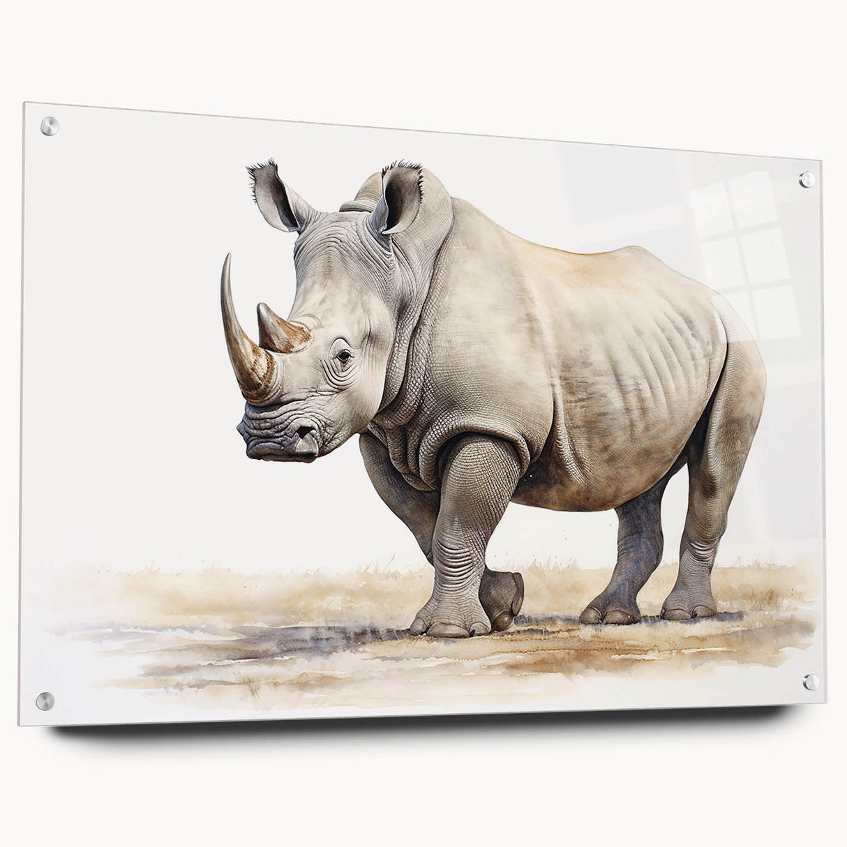 Acrylic glass wall art featuring a side view of a rhinoceros, showcasing intricate details and vibrant colors, ideal for wildlife enthusiasts and modern decor.