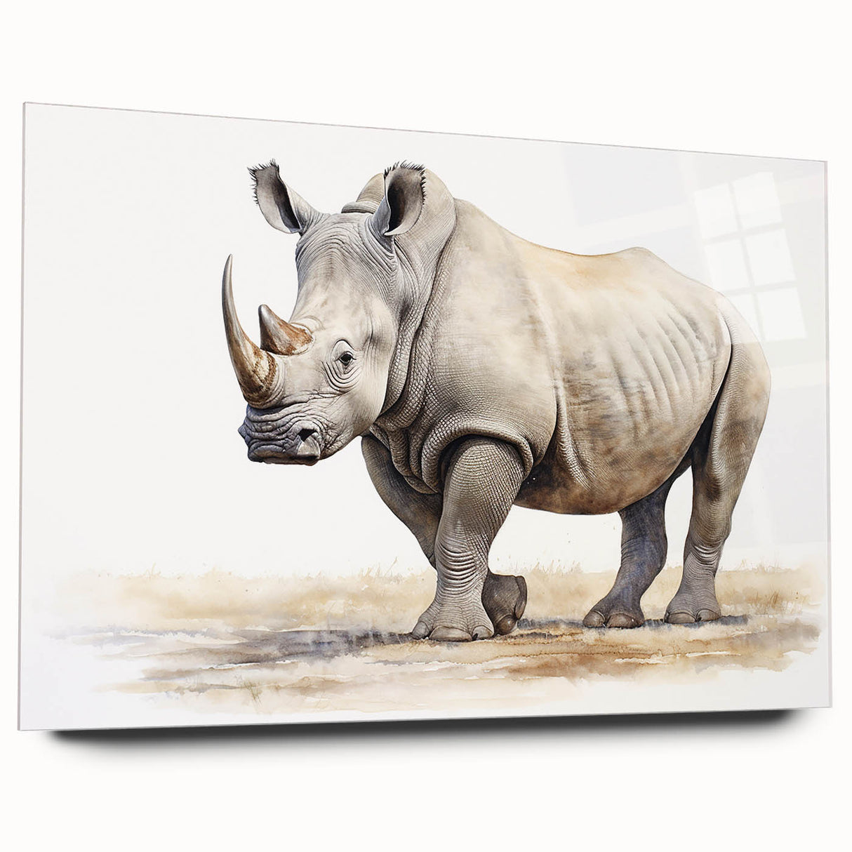Side view of a vibrant acrylic wall art piece depicting a rhinoceros in a wild landscape, showcasing intricate details and rich colors, perfect for wildlife enthusiasts.