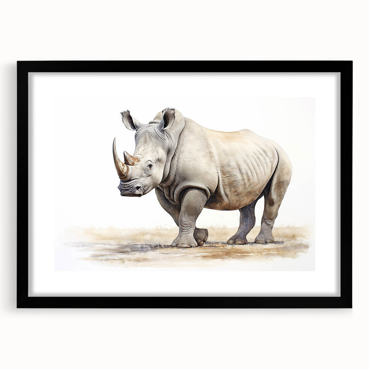 Black-framed wall art featuring a detailed rhinoceros design, ideal for wildlife enthusiasts, showcasing intricate textures and vibrant colors that enhance any decor.