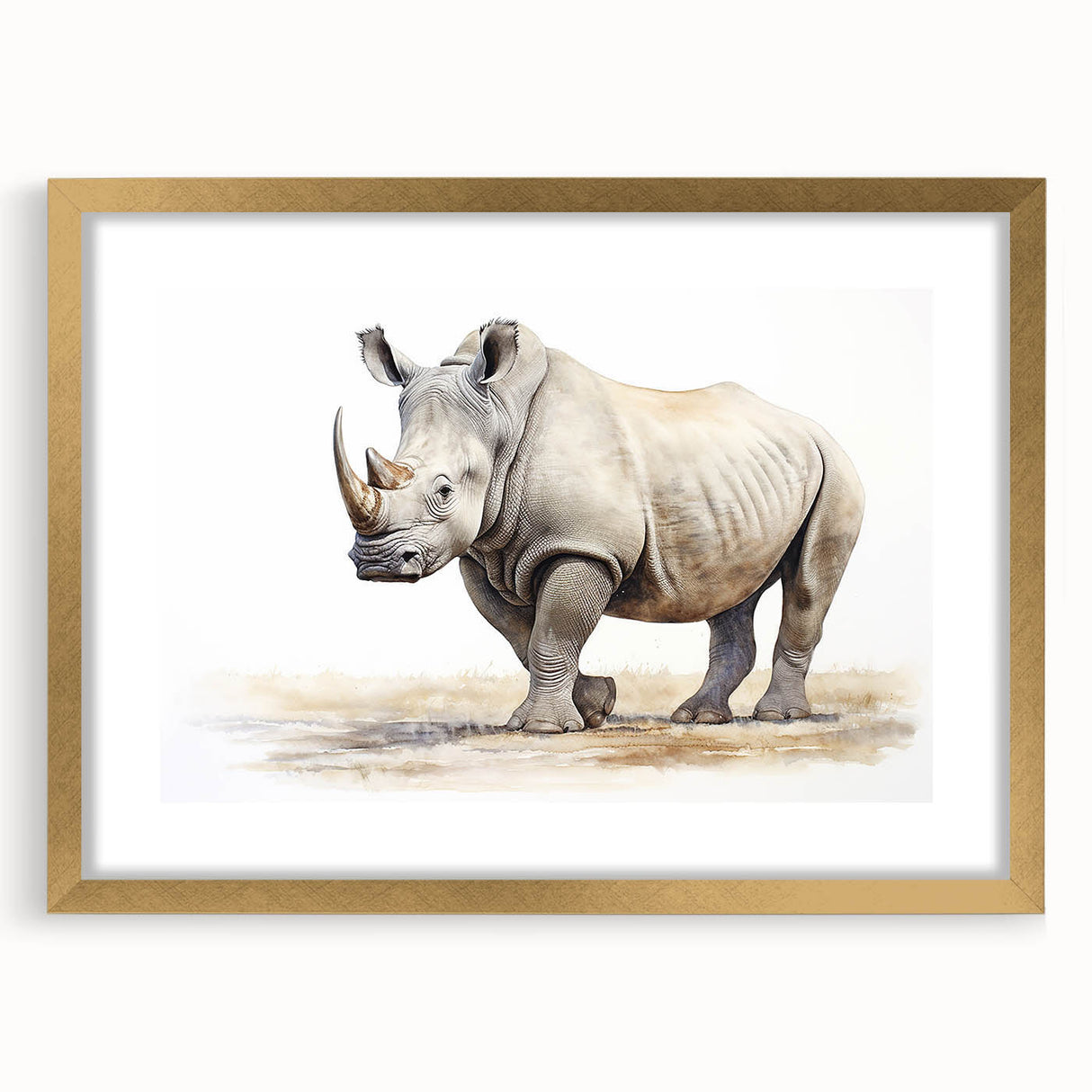 Elegant gold-framed wall art depicting a detailed rhinoceros design, showcasing intricate textures against a clean mat background, perfect for wildlife enthusiasts.
