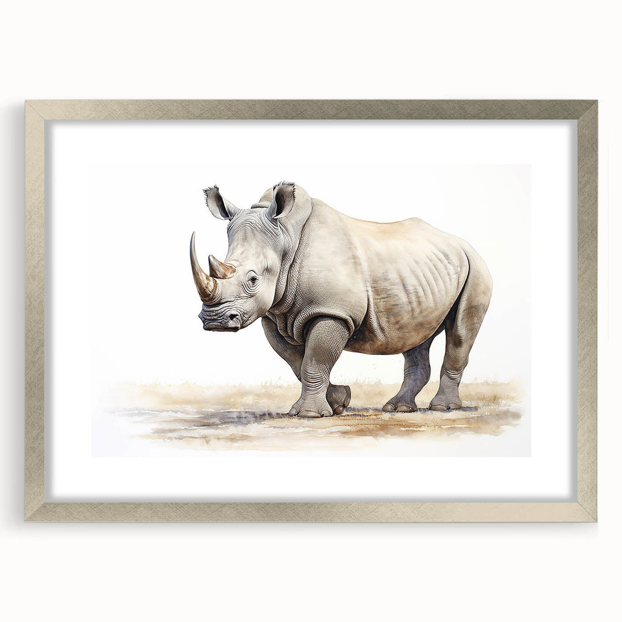 Framed wall art featuring a detailed rhinoceros design in a silver frame with a mat, showcasing wildlife artistry and modern decor appeal, ideal for animal lovers.