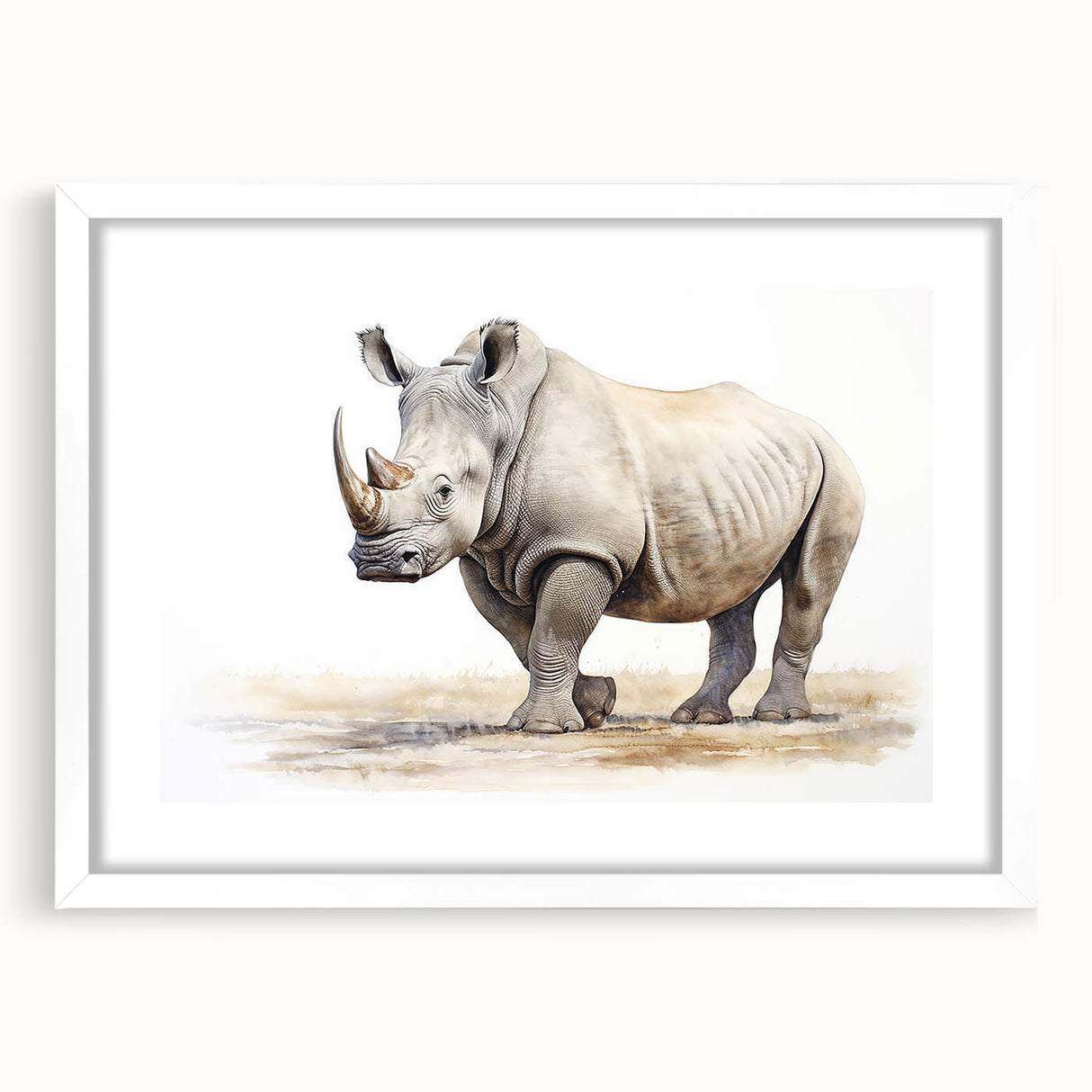 Rhinoceros wall art design framed in white, showcasing a detailed illustration of a rhino against a minimalist background, perfect for wildlife enthusiasts.