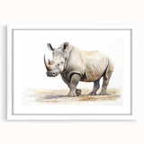 Rhinoceros wall art design framed in white, showcasing a detailed illustration of a rhino against a minimalist background, perfect for wildlife enthusiasts.
