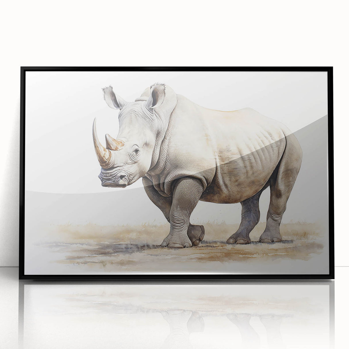 Framed acrylic wall art showcasing a striking black rhinoceros design, perfect for wildlife enthusiasts and modern decor. The piece features vivid details and a sleek black frame that enhances its visual impact. Ideal for animal lovers looking to add a unique touch to their home or office space.