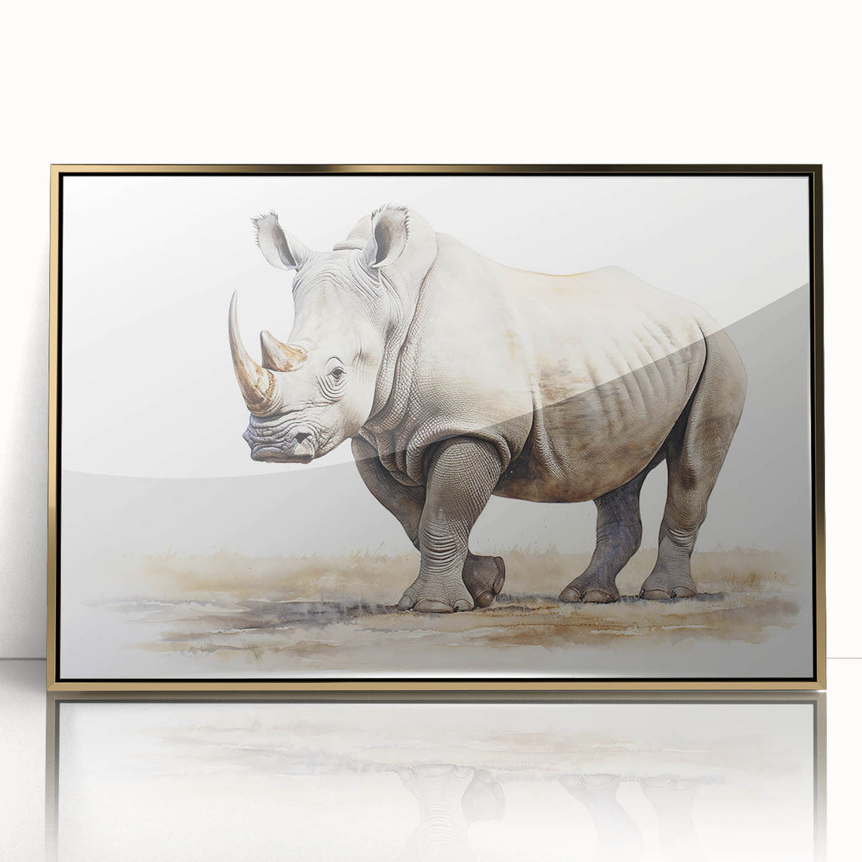 Framed wall art featuring a striking gold-accented rhinoceros design, showcasing its intricate details and vibrant colors, perfect for wildlife enthusiasts.