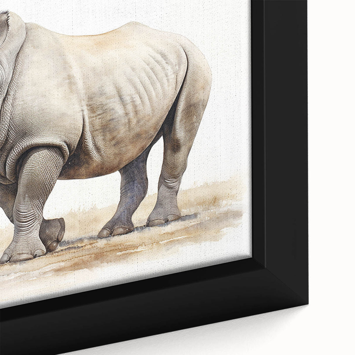 Close-up of a framed wall art piece showcasing a detailed rhinoceros design, emphasizing its textured surface and vibrant colors, perfect for wildlife enthusiasts.