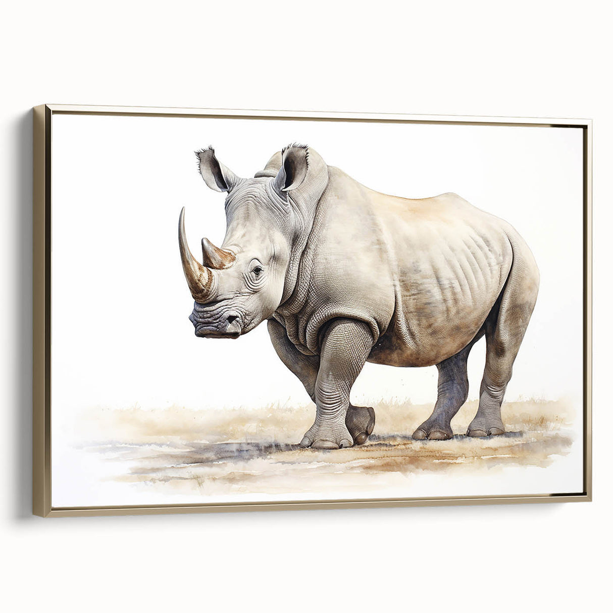 Framed canvas wall art depicting a side view of a majestic rhinoceros in a golden color palette, showcasing intricate details and textures, perfect for animal lovers and interior decor enthusiasts.