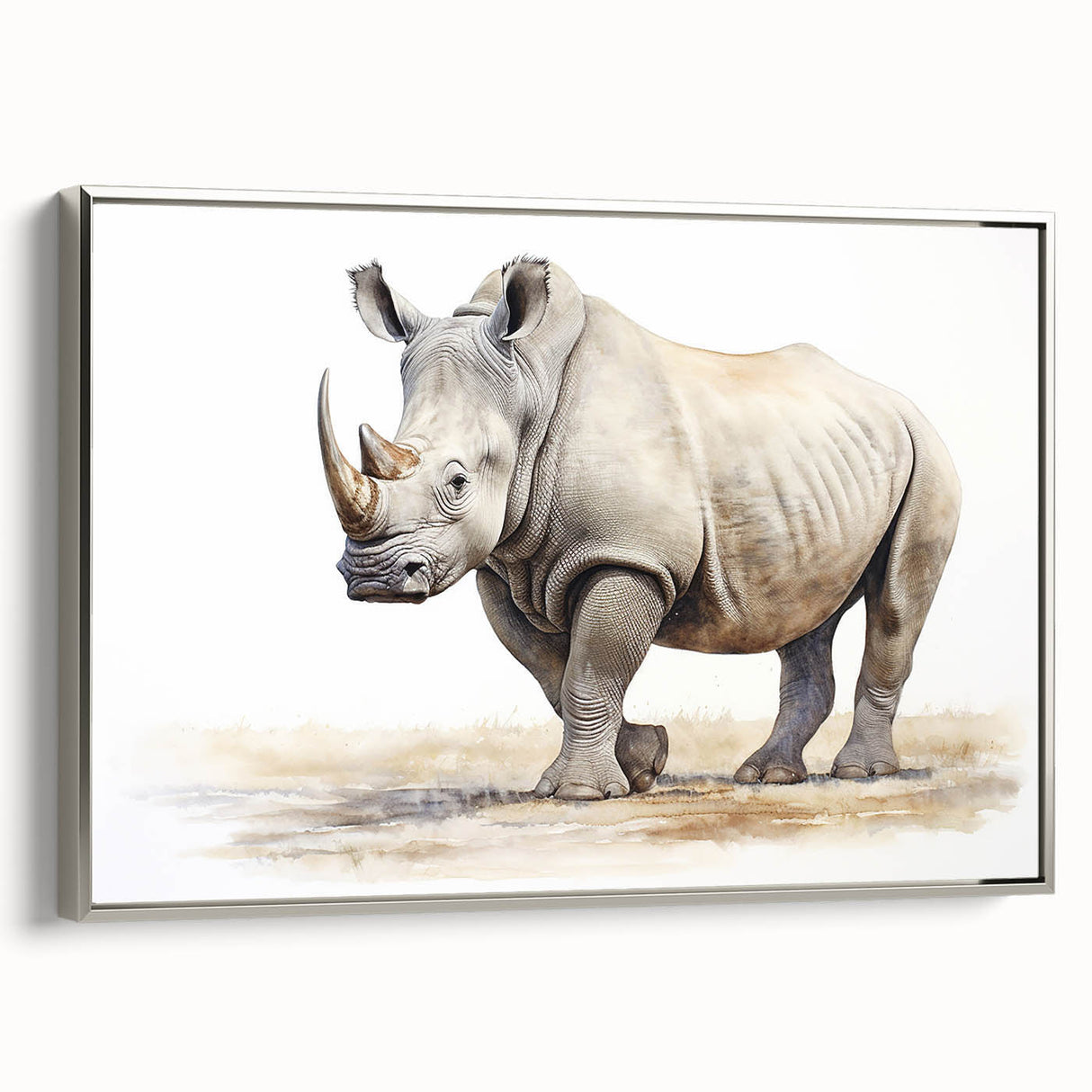Framed wall art showcasing a silver side view of a rhinoceros, highlighting intricate details and textures, perfect for wildlife enthusiasts and modern decor.