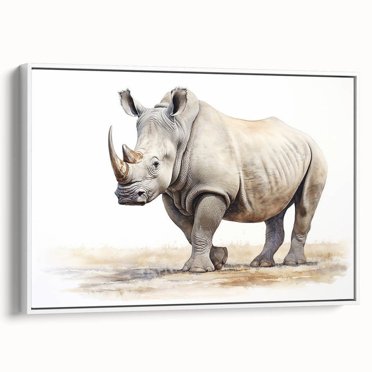 Framed canvas wall art featuring a side view of a rhinoceros, showcasing intricate design details and a white background, perfect for wildlife enthusiasts.