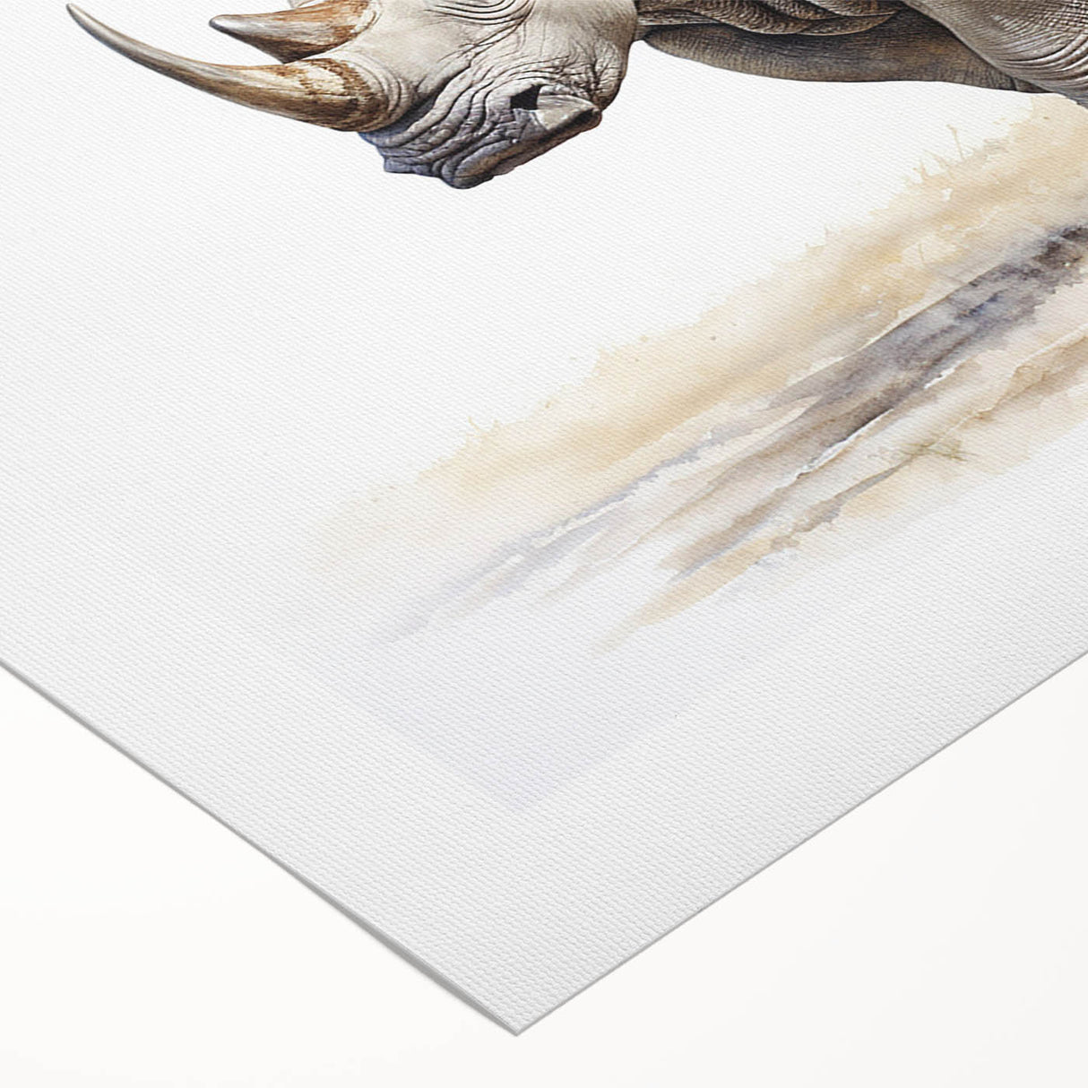 Detailed rolled canvas showcasing a striking rhinoceros design, featuring vibrant colors and intricate patterns, ideal for wildlife enthusiasts and home decor.