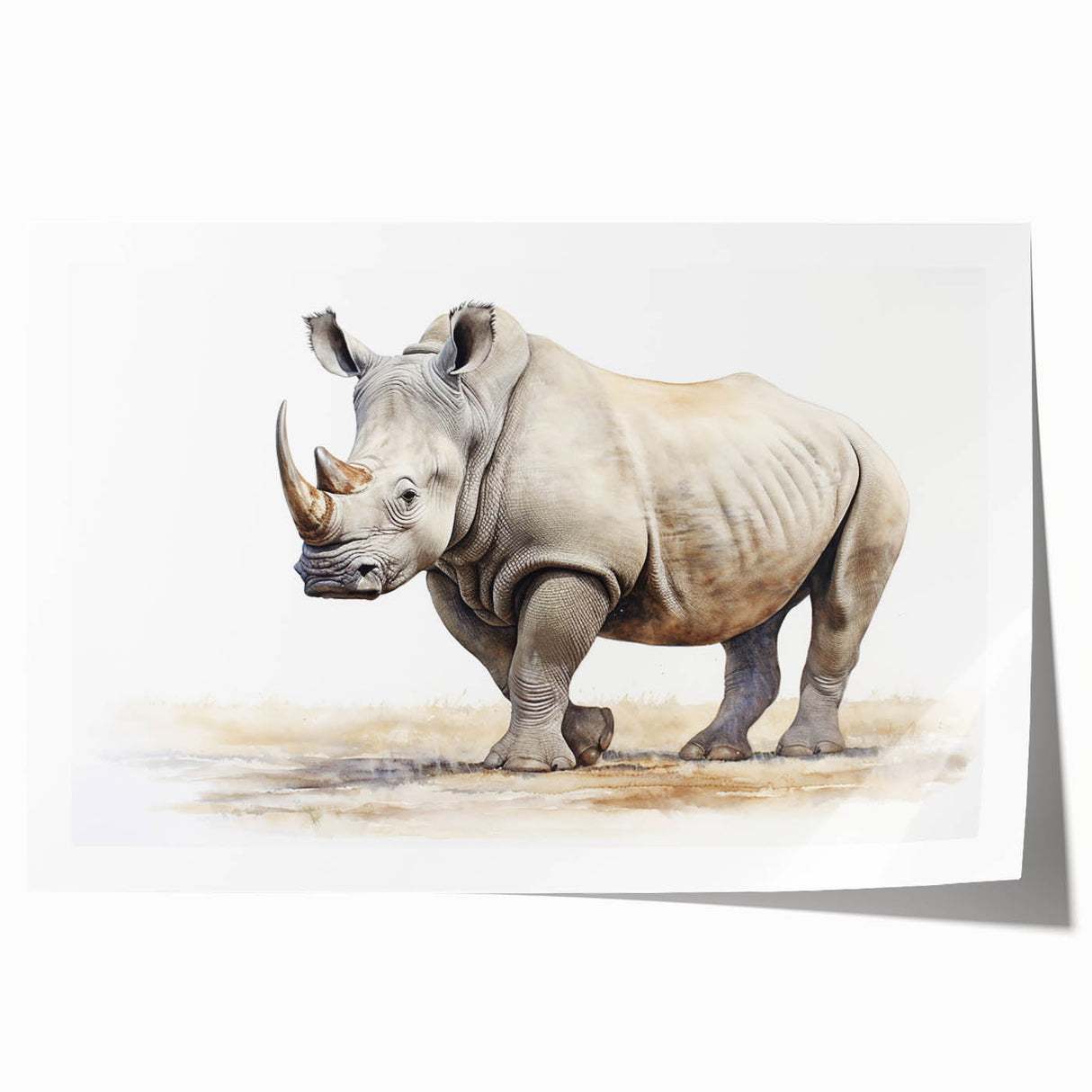 Rhinoceros-themed wall art print showcasing a vivid design inspired by wildlife, featuring a detailed depiction of a rhinoceros in natural colors, rolled and protected in a cardboard tube for easy display.