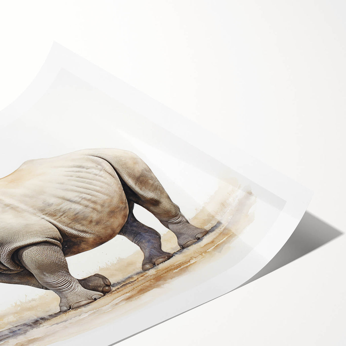 Rhinoceros wall art design showcasing a detailed illustration of a majestic rhino in a natural habitat, perfect for wildlife enthusiasts' home decor.