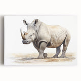 Front view of a vibrant stretched canvas wall art featuring a majestic rhinoceros, showcasing intricate details and rich colors, perfect for wildlife decor enthusiasts.