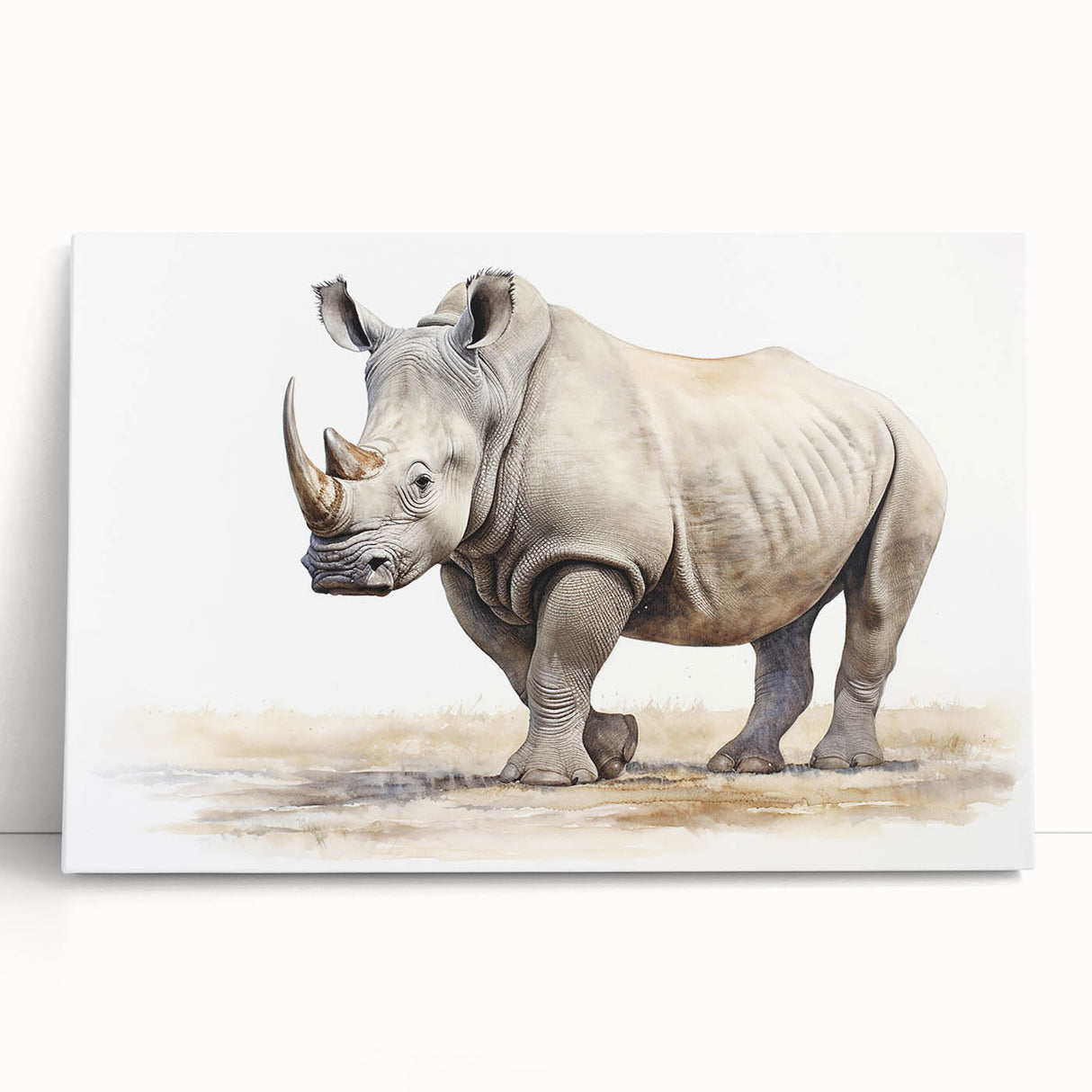 Rhinoceros wall art design on stretched canvas, showcasing a vibrant and detailed illustration of the majestic animal in its natural habitat, perfect for wildlife enthusiasts.