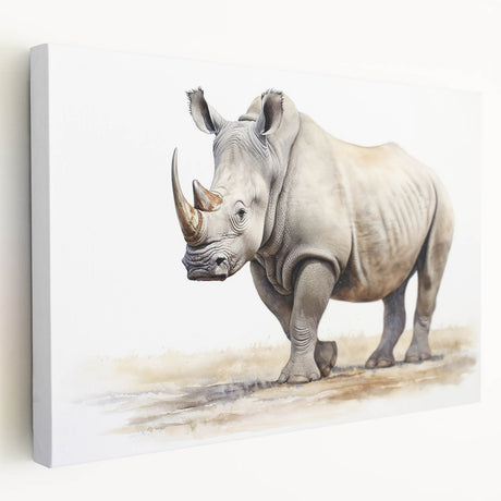 Stretched canvas wall art featuring a striking side view of a rhinoceros, showcasing intricate details and earthy tones, perfect for nature-themed decor.