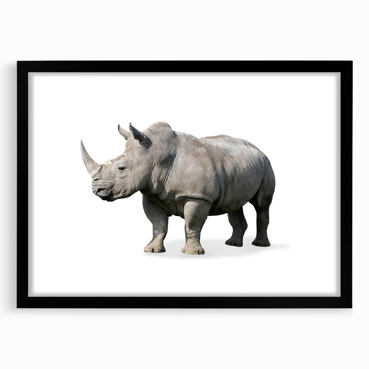 Rhinoceros wall art design framed in black with a mat, showcasing intricate details of wildlife, perfect for nature-themed decor or animal lovers.