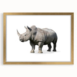 Rhinoceros wall art design in a gold frame, showcasing intricate details and a mat finish, perfect for adding a touch of wildlife elegance to home decor.