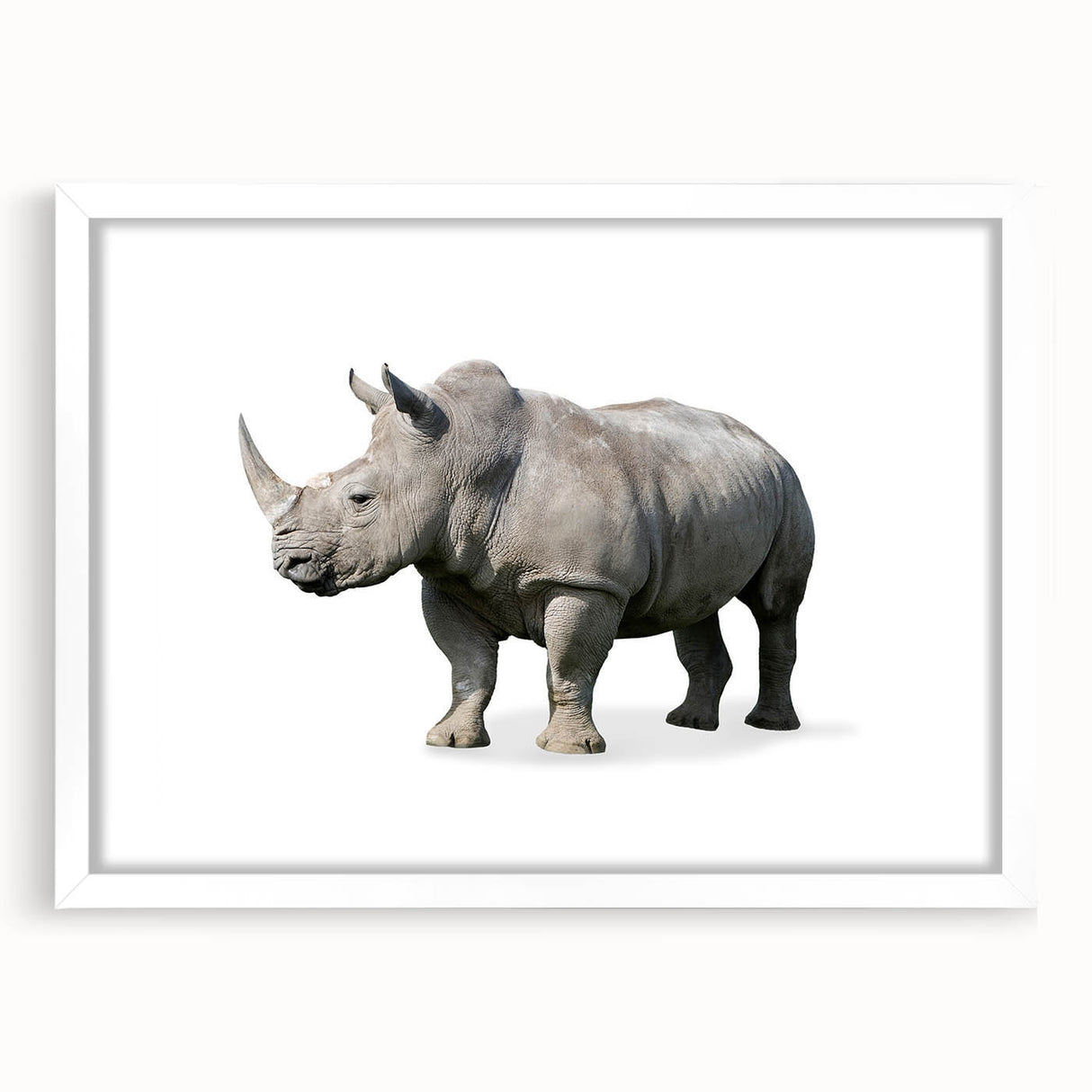 Front view of a framed wall art design featuring a majestic rhinoceros, showcasing intricate details and vibrant colors, perfect for wildlife enthusiasts and home decor.