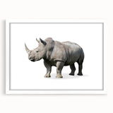 Front view of a framed wall art design featuring a majestic rhinoceros, showcasing intricate details and vibrant colors, perfect for wildlife enthusiasts and home decor.