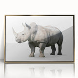 Framed acrylic wall art showcasing a majestic rhinoceros design in a gold frame, highlighting its unique features and textures, perfect for wildlife enthusiasts.