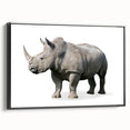 Framed wall art featuring a side view of a black rhinoceros, showcasing intricate details and textures on a canvas background, perfect for wildlife enthusiasts.