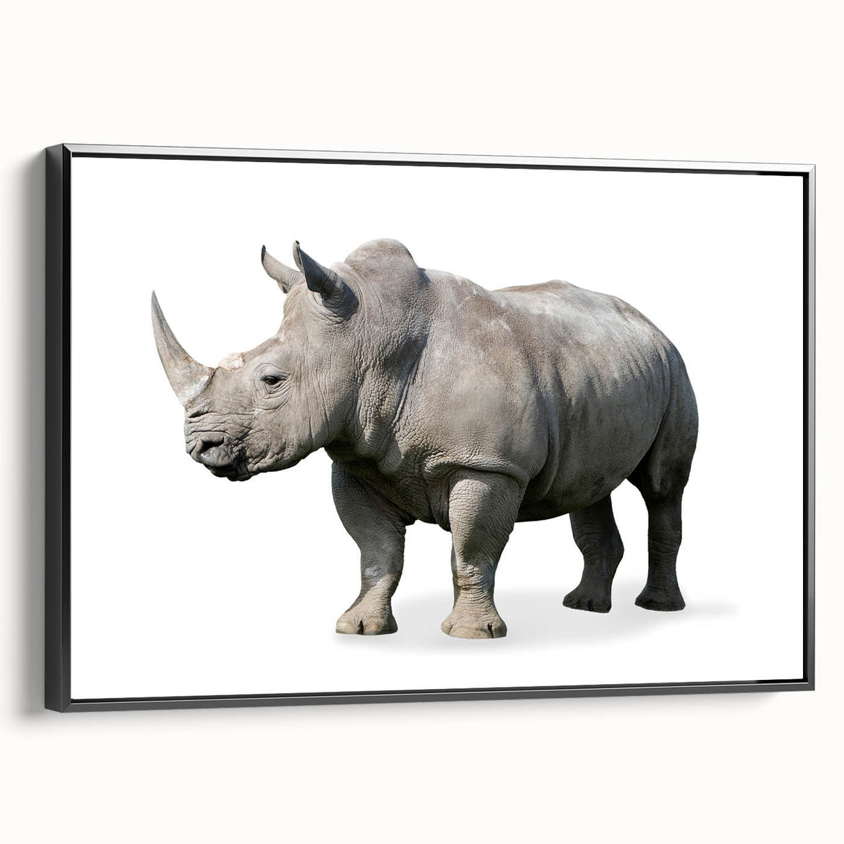 Framed wall art featuring a side view of a black rhinoceros, showcasing intricate details and textures on a canvas background, perfect for wildlife enthusiasts.