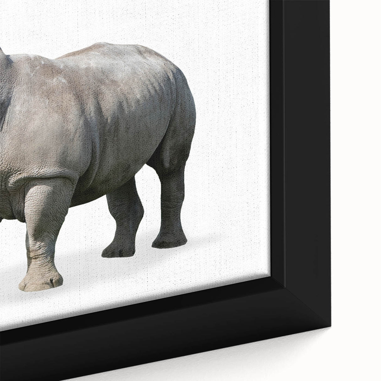 Close-up of a framed canvas featuring a detailed rhinoceros design, showcasing intricate textures and earthy colors, perfect for wildlife-themed decor.