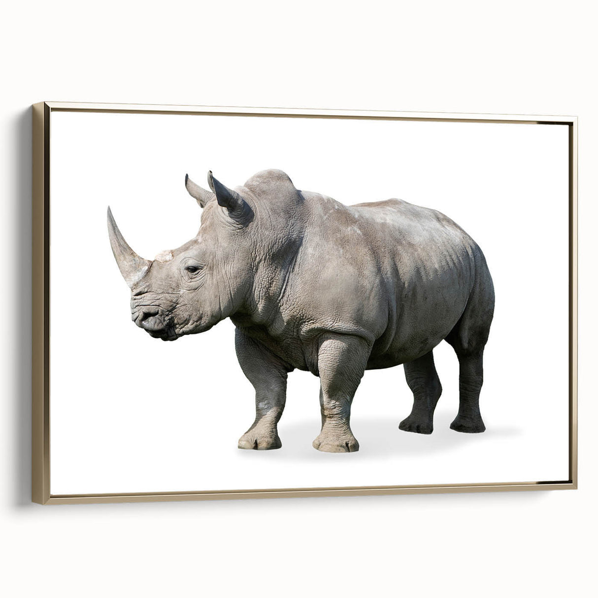 Framed wall art featuring a gold-accented side view of a rhinoceros, showcasing detailed design elements against a neutral background, perfect for wildlife enthusiasts.