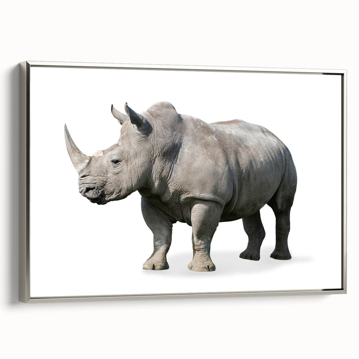Framed wall art featuring a silver side view of a rhinoceros against a textured background, ideal for wildlife enthusiasts and modern decor. Perfect for home or office.