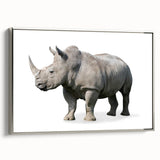 Framed wall art featuring a silver side view of a rhinoceros against a textured background, ideal for wildlife enthusiasts and modern decor. Perfect for home or office.
