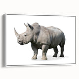 Framed canvas wall art design showcasing a white side view of a rhinoceros, highlighting its detailed features against a minimalistic background, perfect for wildlife enthusiasts.
