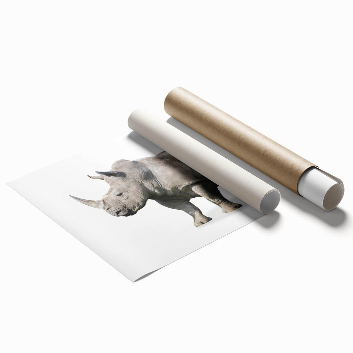 Close-up of a rolled wall art print featuring a majestic rhinoceros design, showcasing intricate details and vibrant colors, ideal for wildlife enthusiasts.