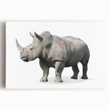 Rhinoceros wall art design on stretched canvas, showcasing a detailed front view of the majestic animal in a vibrant natural setting, perfect for wildlife enthusiasts.