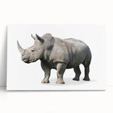 Stretched canvas wall art featuring a striking rhinoceros design in a vibrant color palette, showcasing intricate details and textures, perfect for wildlife enthusiasts.
