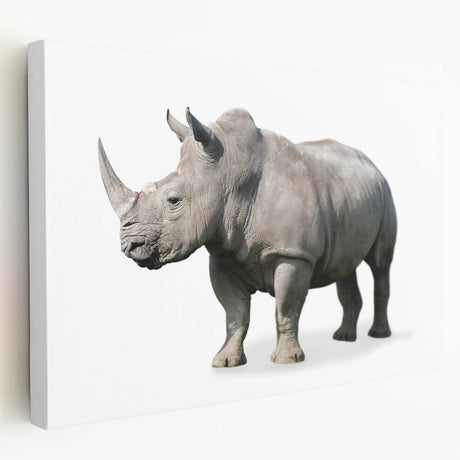 Side view of a detailed rhinoceros wall art design on stretched canvas, showcasing vibrant colors and textures, perfect for wildlife enthusiasts and home decor.