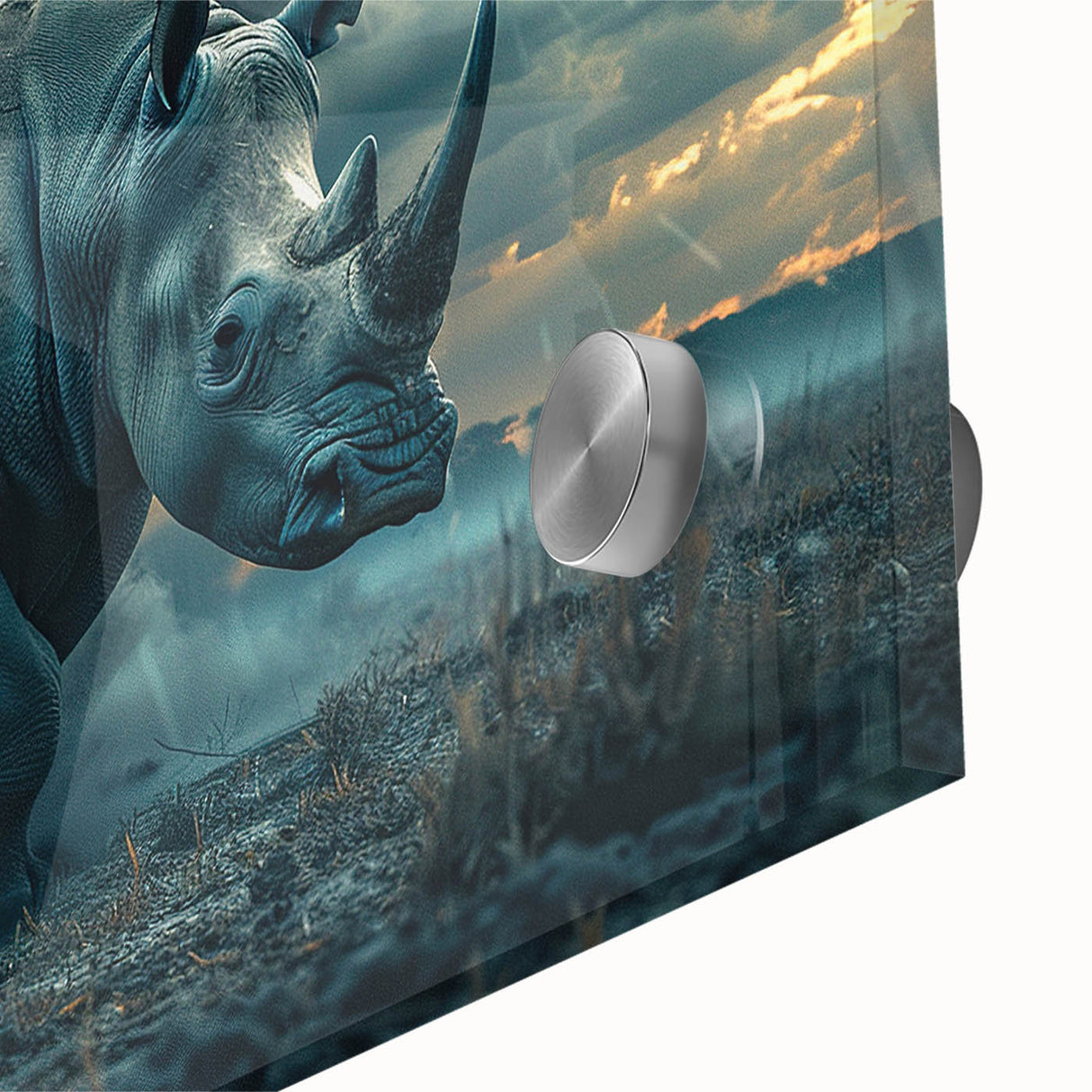Close-up of a vibrant rhinoceros design wall art piece, showcasing intricate details and textures on acrylic glass, perfect for wildlife enthusiasts and modern decor.