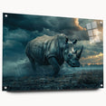 Side view of a modern acrylic wall art piece featuring a detailed rhinoceros design, showcasing vibrant colors and intricate details, perfect for wildlife enthusiasts.