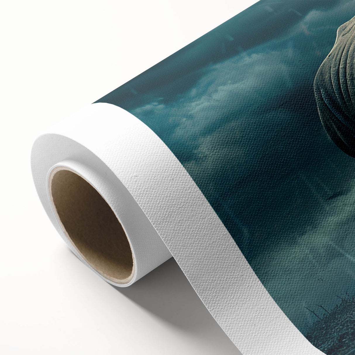 Rolled canvas showcasing an artistic depiction of a rhinoceros in a vibrant, colorful design, perfect for wildlife-themed decor, packaged securely for delivery.